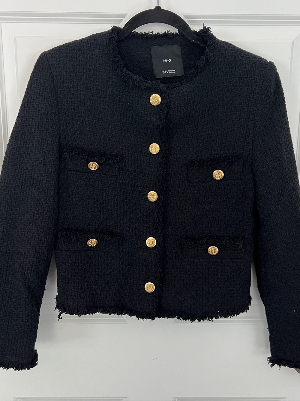 Mango Black Tweed Jacket Gold Crest Button Frayed Trim Cropped Blazer Small - Picture 7 of 7
